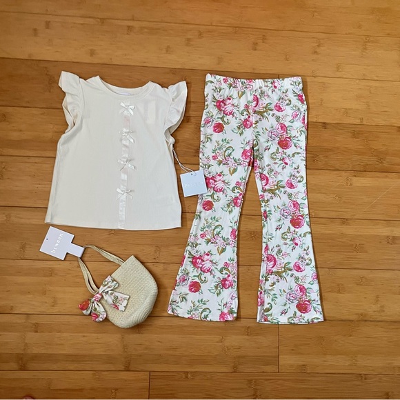 btween Other - NWT Girls Size 8 Outfit - Cream Bows Top & Floral Print Flare Pants Set